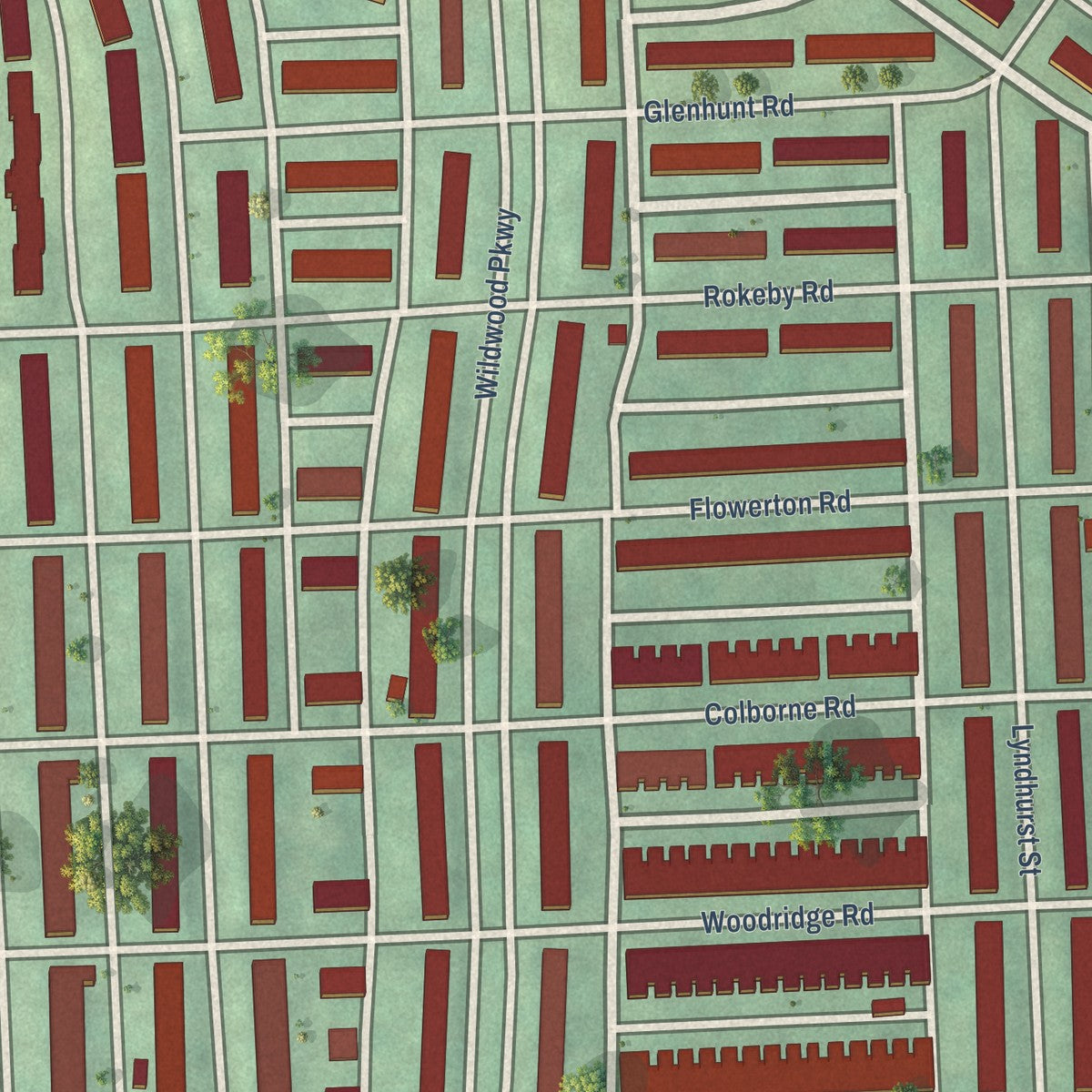 Close-up of the map of Edmondson Village, Maryland print showing street and building detail