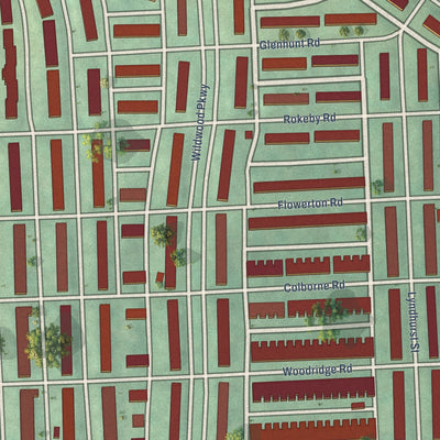 Close-up of the map of Edmondson Village, Maryland print showing street and building detail