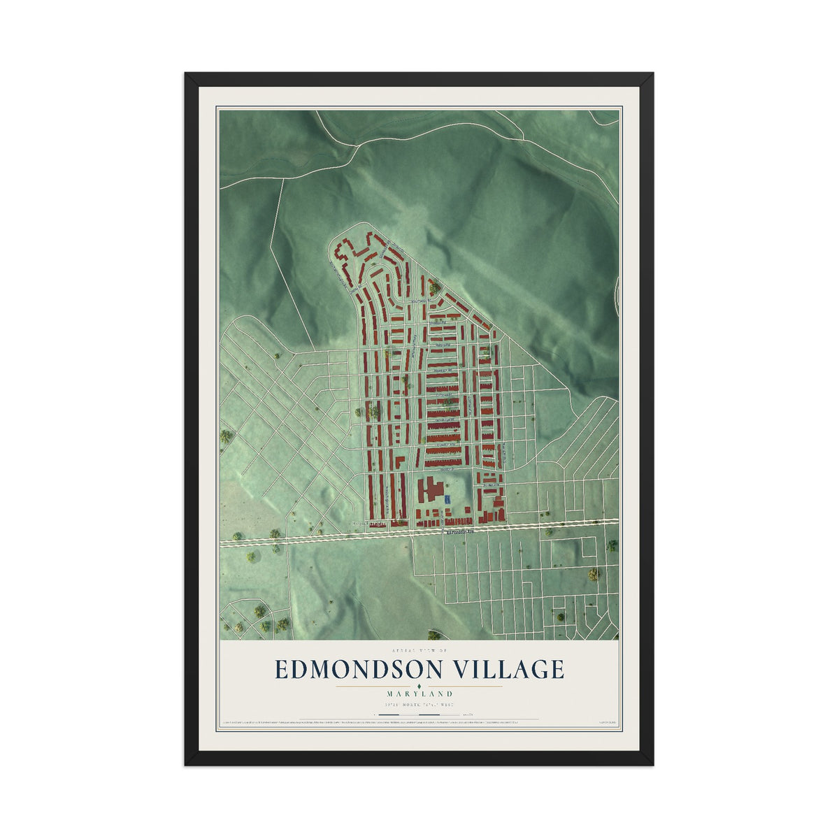 Map of Edmondson Village, Maryland, 12 x 18 inch print in a black wood frame
