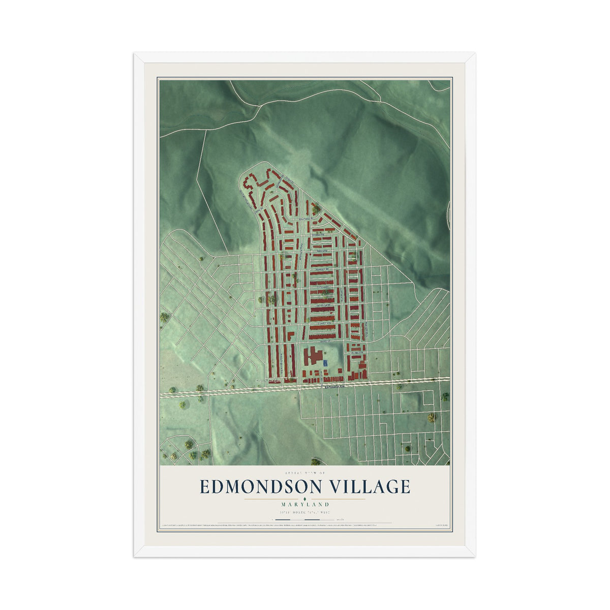 Map of Edmondson Village, Maryland, 12 x 18 inch print in a white wood frame