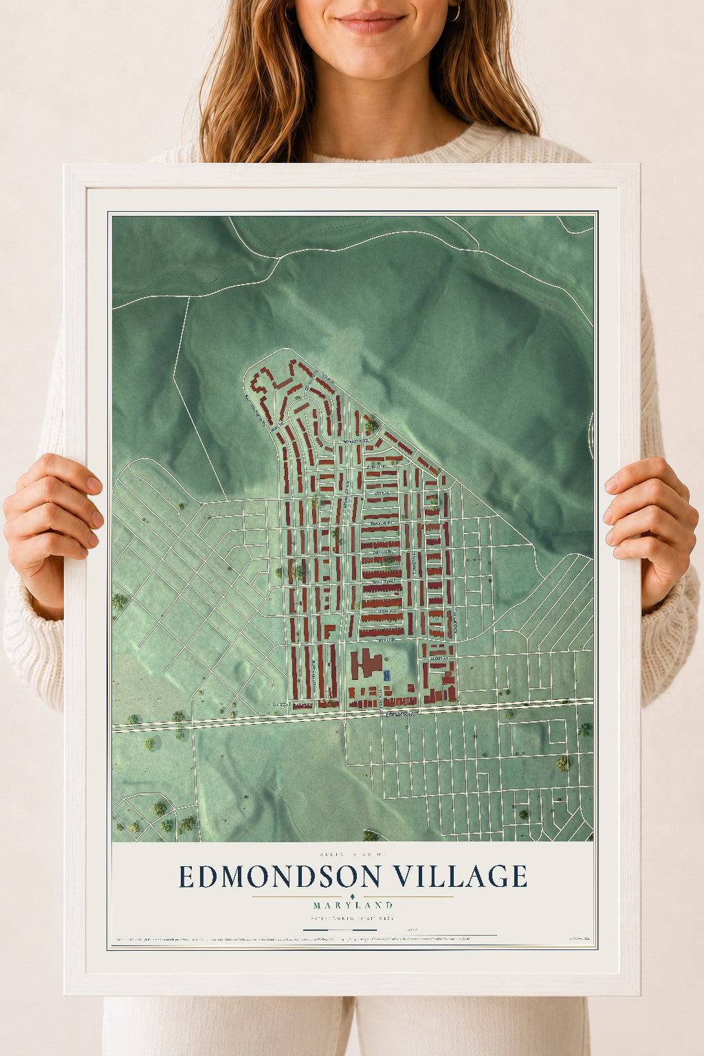 Map of Edmondson Village, Maryland, 18 x 24 inch print in a white wood frame