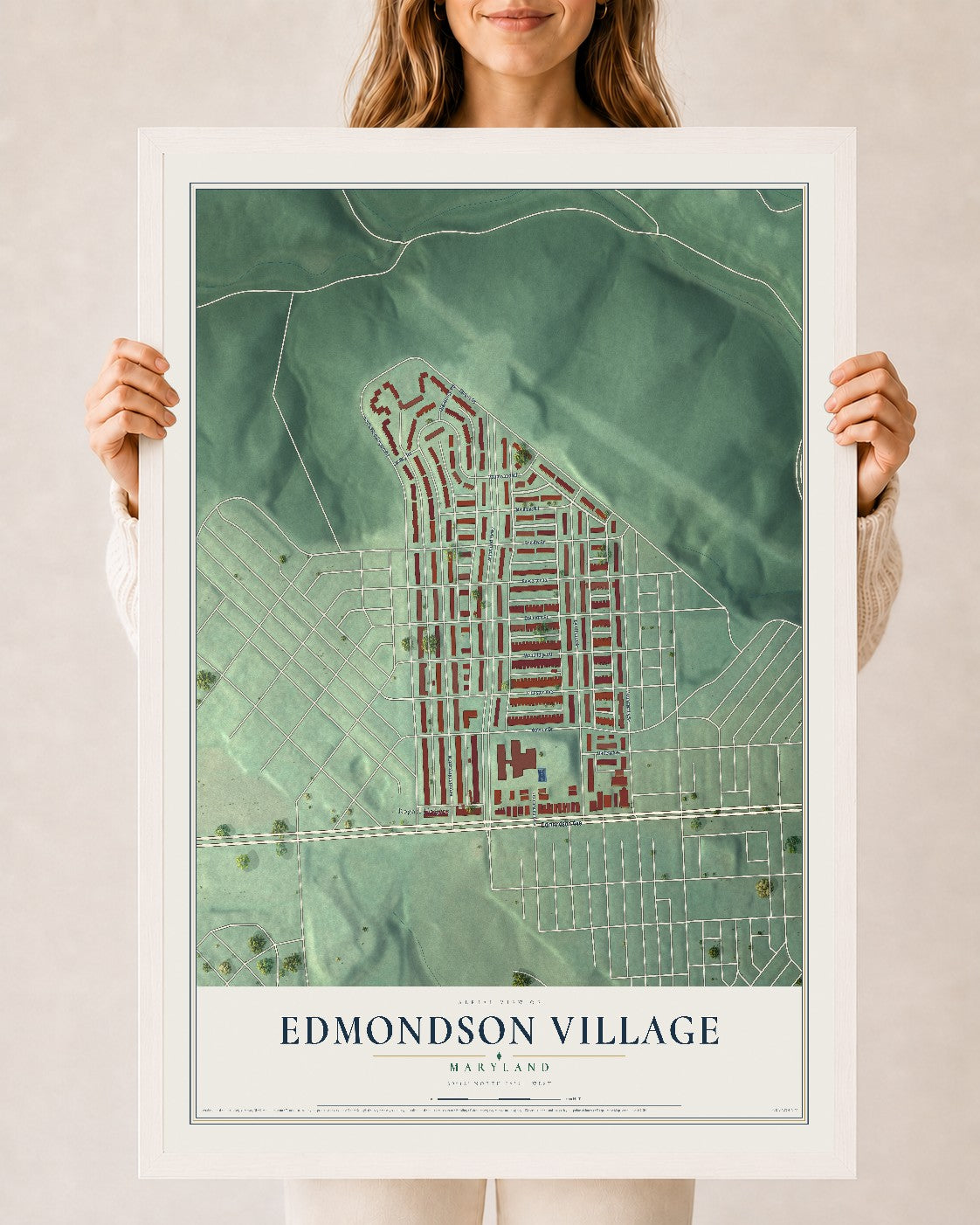 Map of Edmondson Village, Maryland, 24 x 36 inch print in a white wood frame