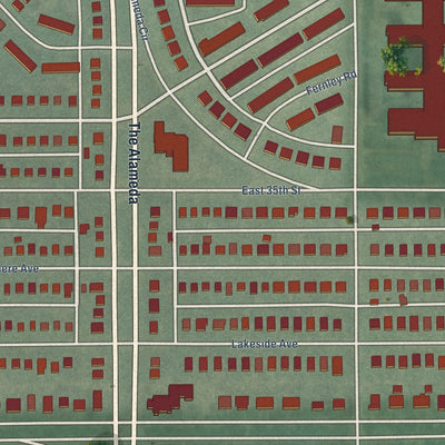 Close-up of the map of Ednor Gardens-Lakeside, Maryland print showing street and building detail