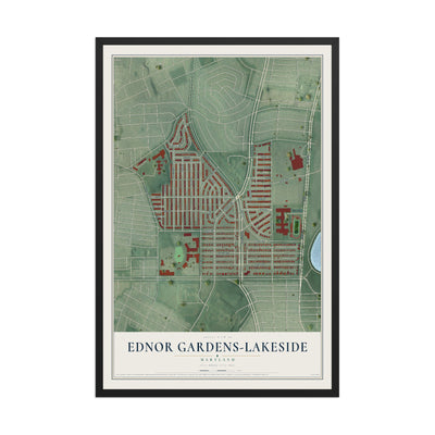 Map of Ednor Gardens-Lakeside, Maryland, 12 x 18 inch print in a black wood frame