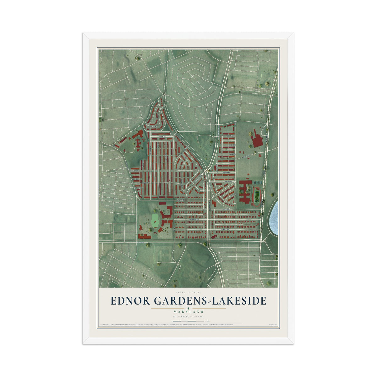 Map of Ednor Gardens-Lakeside, Maryland, 12 x 18 inch print in a white wood frame