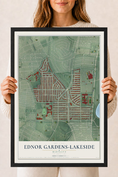Map of Ednor Gardens-Lakeside, Maryland, 18 x 24 inch print in a black wood frame