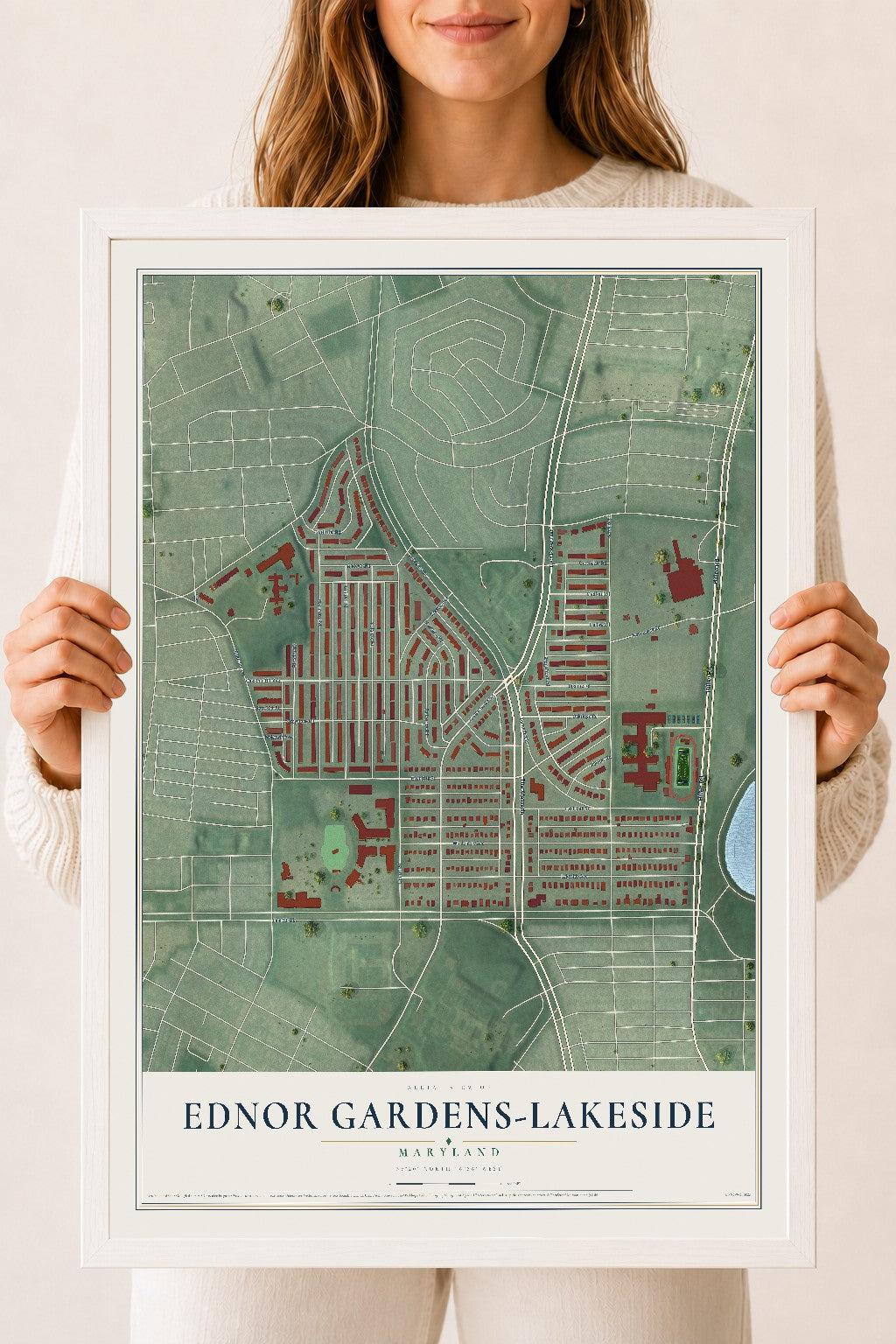 Map of Ednor Gardens-Lakeside, Maryland, 18 x 24 inch print in a white wood frame