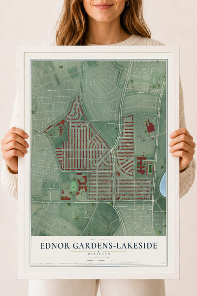 Map of Ednor Gardens-Lakeside, Maryland, 18 x 24 inch print in a white wood frame