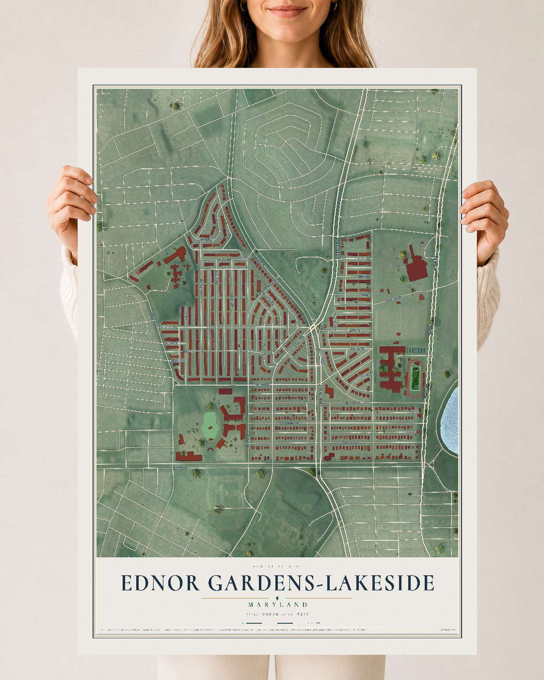 Map of Ednor Gardens-Lakeside, Maryland, 24 x 36 inch unframed archival matte print