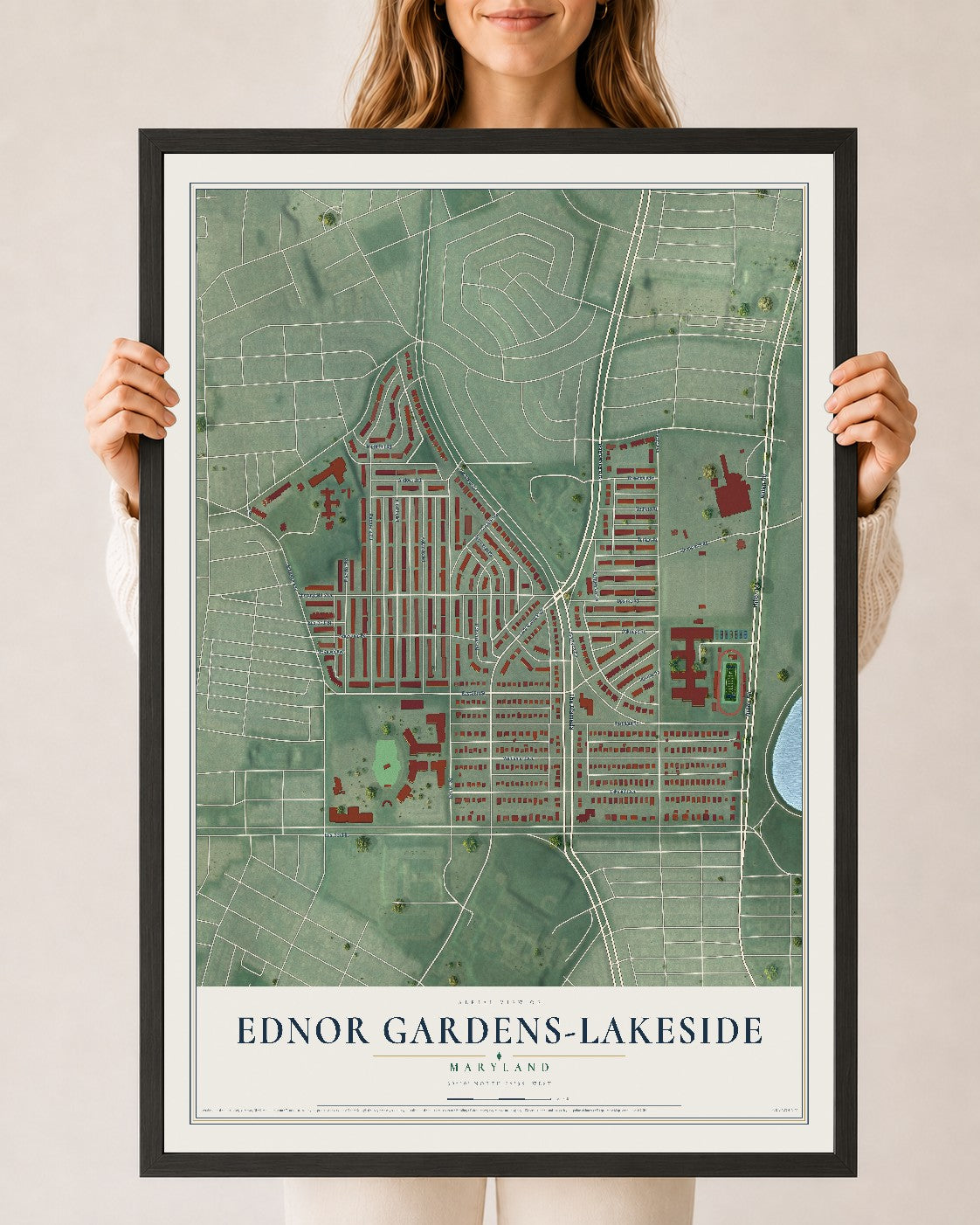 Map of Ednor Gardens-Lakeside, Maryland, 24 x 36 inch print in a black wood frame