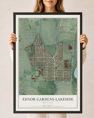 Map of Ednor Gardens-Lakeside, Maryland, 24 x 36 inch print in a black wood frame