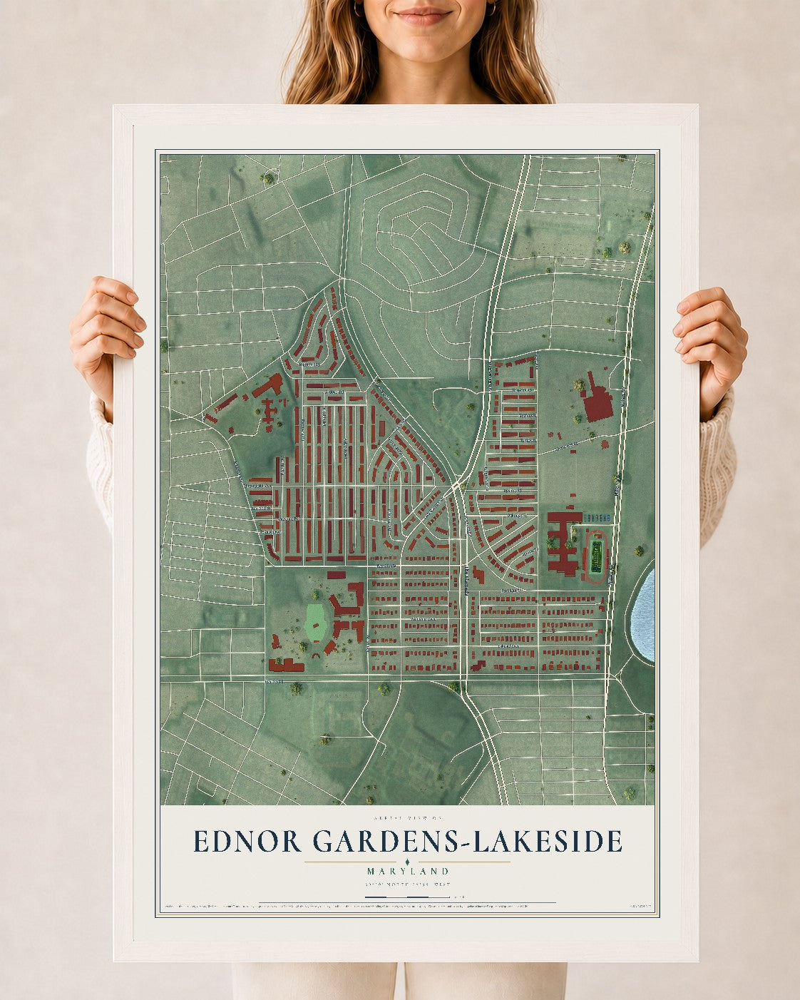 Map of Ednor Gardens-Lakeside, Maryland, 24 x 36 inch print in a white wood frame