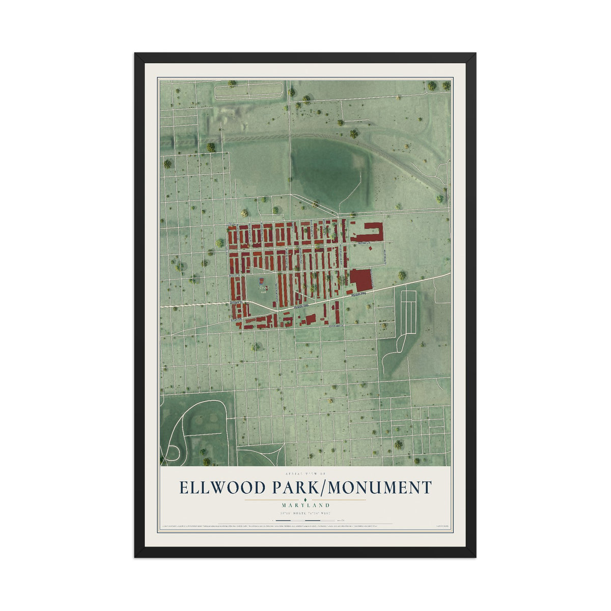 Map of Ellwood Park-Monument, Maryland, 12 x 18 inch print in a black wood frame