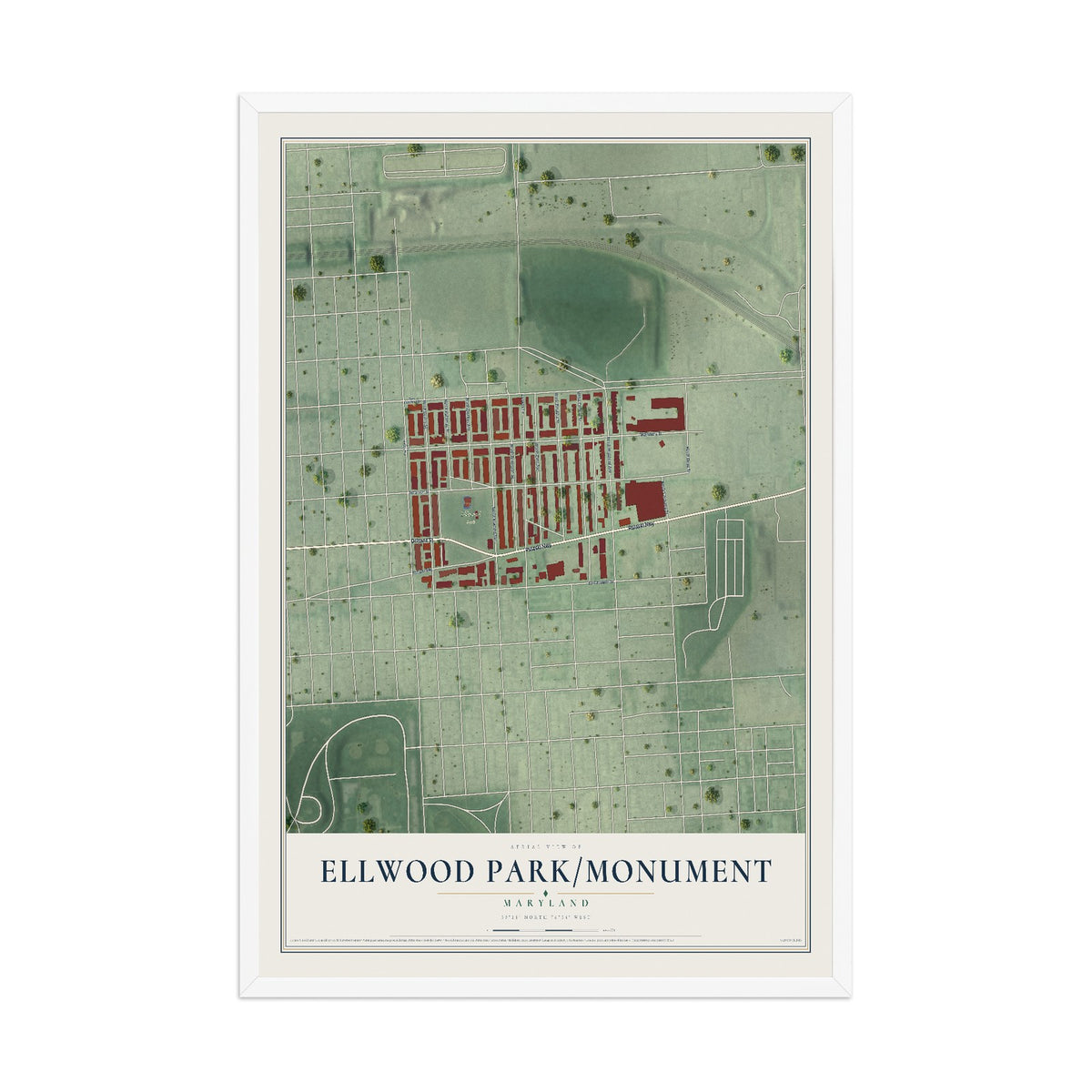 Map of Ellwood Park-Monument, Maryland, 12 x 18 inch print in a white wood frame