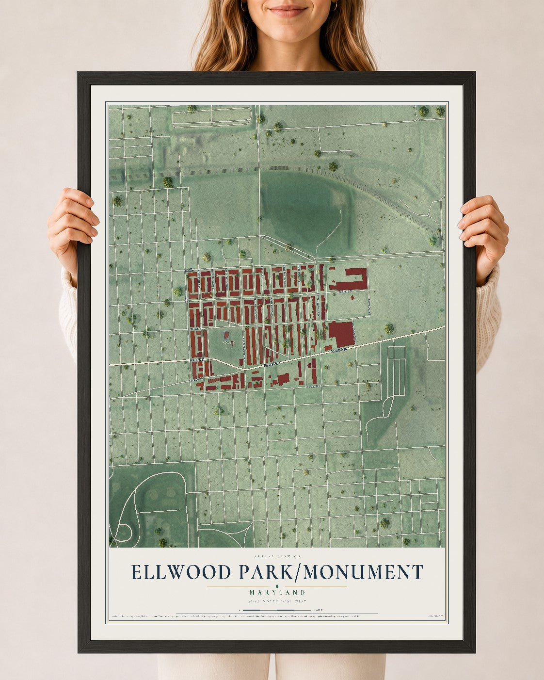 Map of Ellwood Park-Monument, Maryland, 24 x 36 inch print in a black wood frame