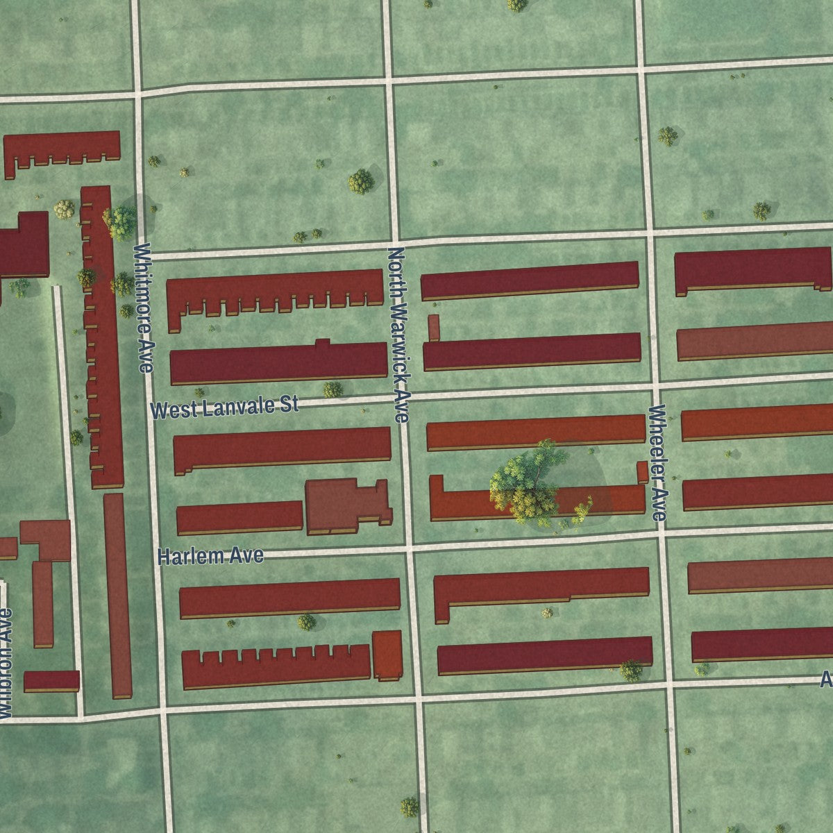 Close-up of the map of Evergreen Lawn, Maryland print showing street and building detail