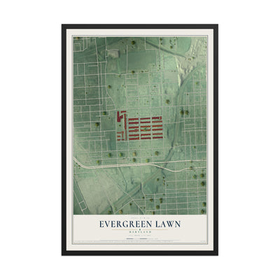 Map of Evergreen Lawn, Maryland, 12 x 18 inch print in a black wood frame