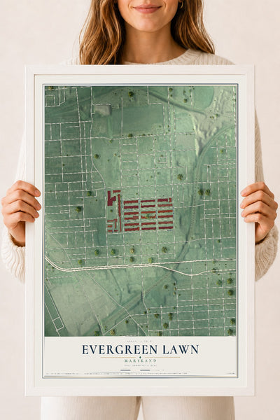 Map of Evergreen Lawn, Maryland, 18 x 24 inch print in a white wood frame