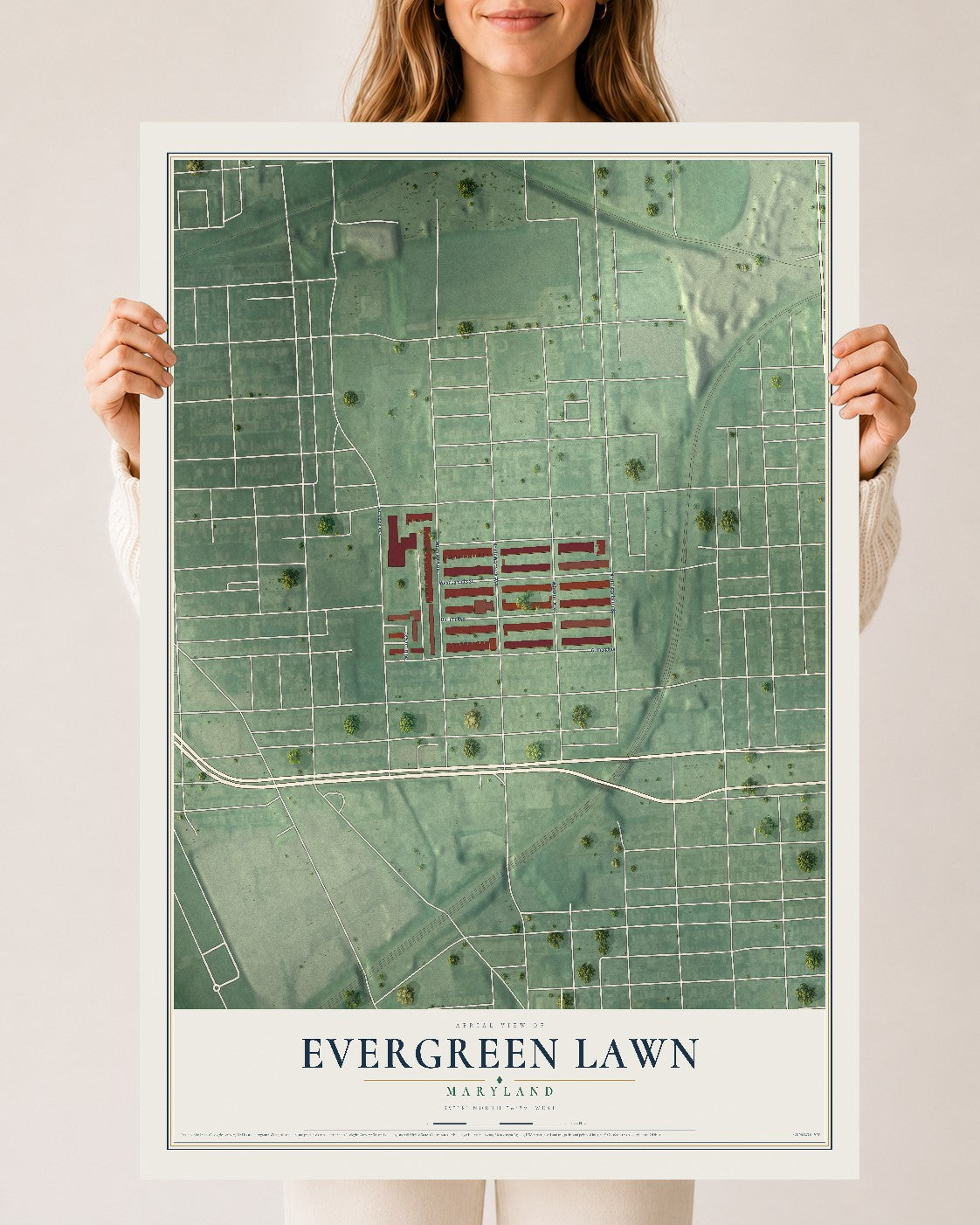 Map of Evergreen Lawn, Maryland, 24 x 36 inch unframed archival matte print