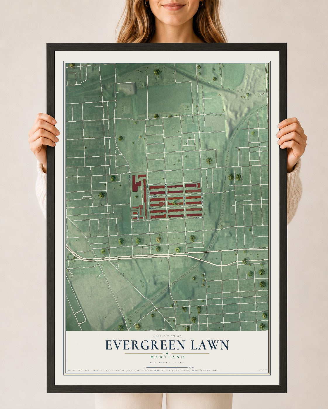 Map of Evergreen Lawn, Maryland, 24 x 36 inch print in a black wood frame