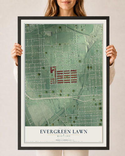 Map of Evergreen Lawn, Maryland, 24 x 36 inch print in a black wood frame
