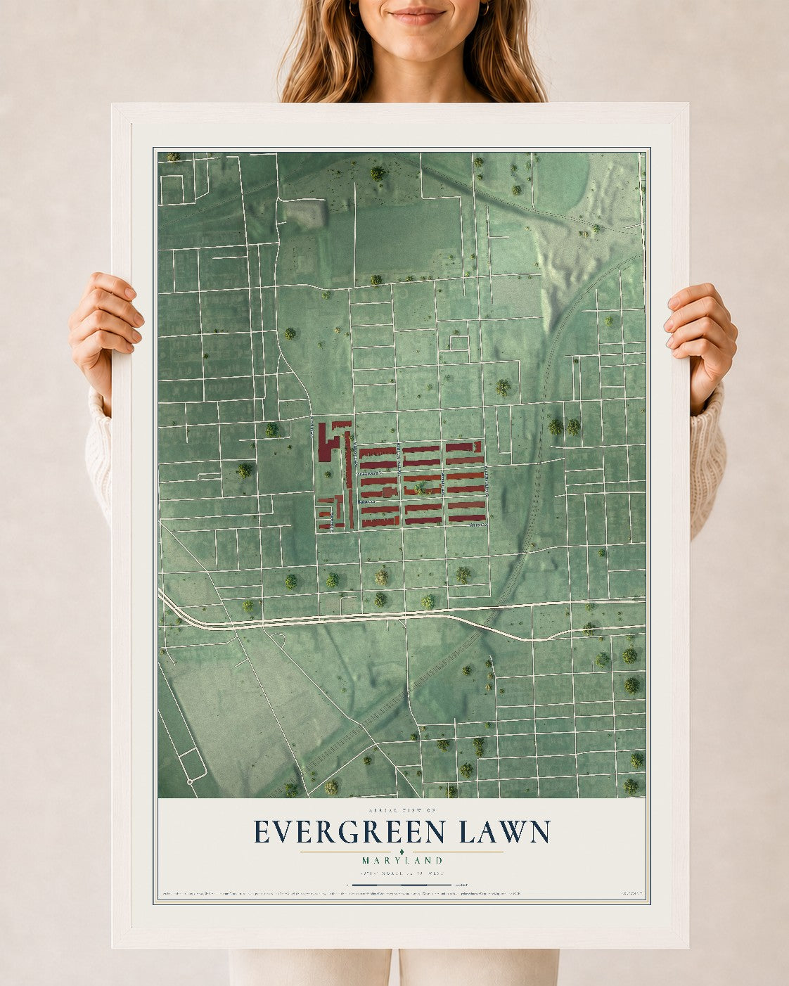 Map of Evergreen Lawn, Maryland, 24 x 36 inch print in a white wood frame