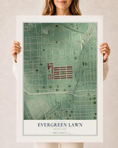 Map of Evergreen Lawn, Maryland, 24 x 36 inch print in a white wood frame