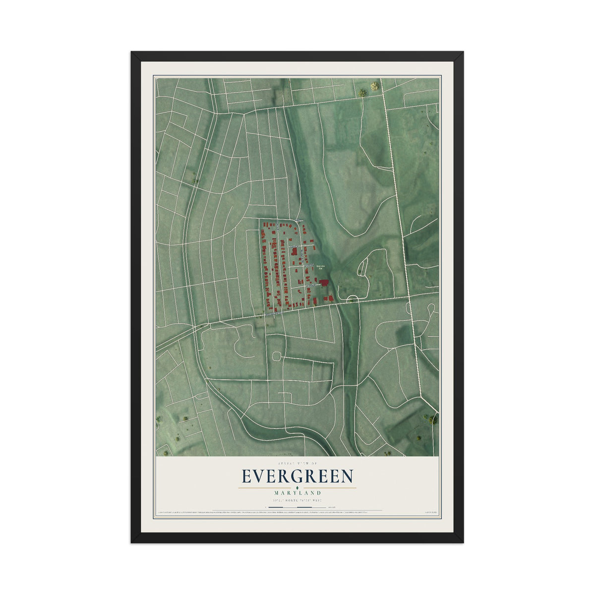 Map of Evergreen, Maryland, 12 x 18 inch print in a black wood frame