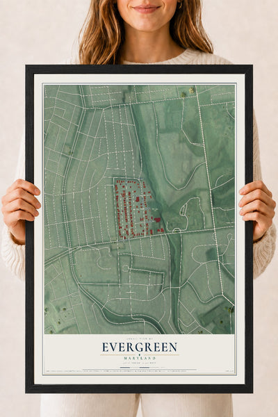 Map of Evergreen, Maryland, 18 x 24 inch print in a black wood frame