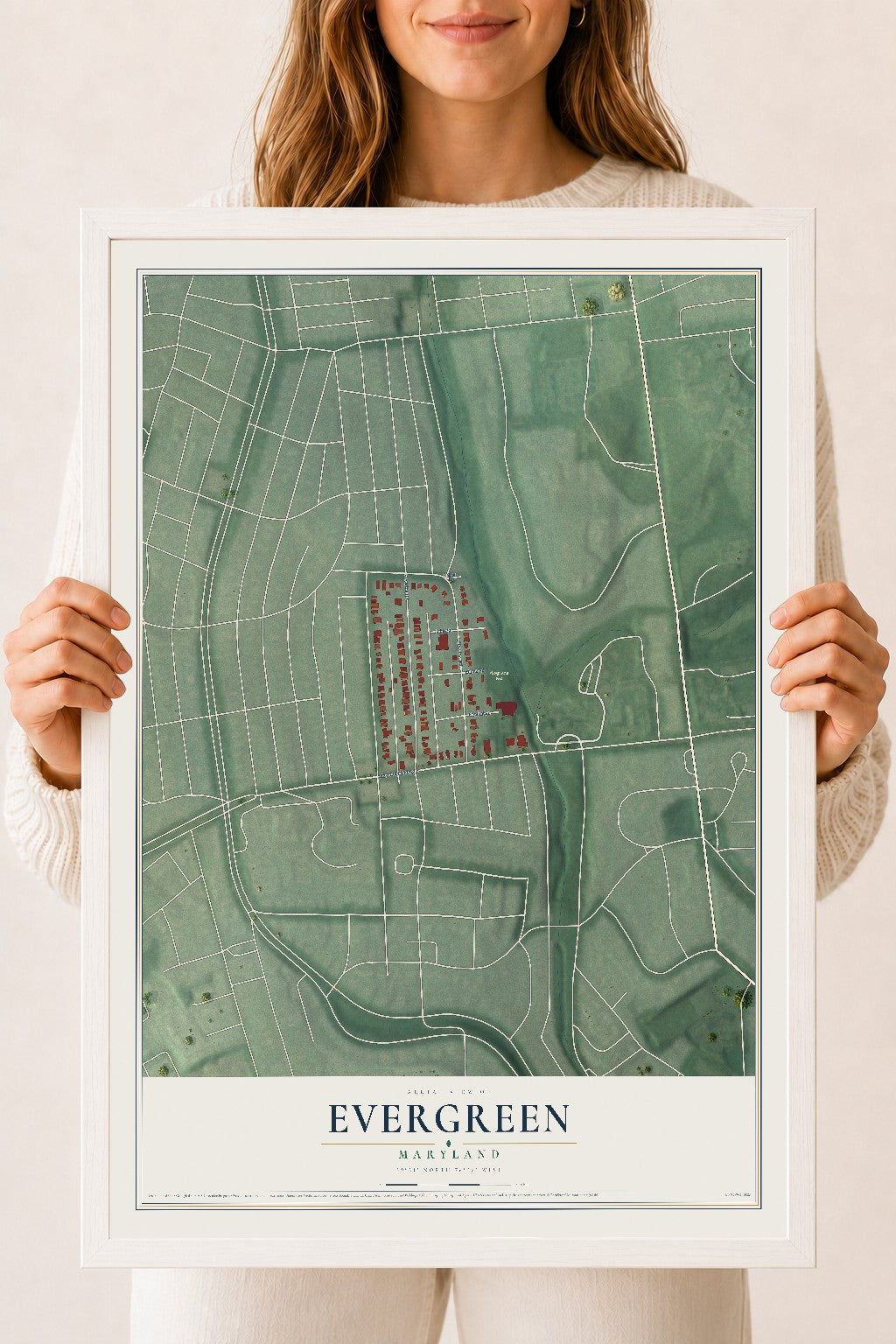 Map of Evergreen, Maryland, 18 x 24 inch print in a white wood frame