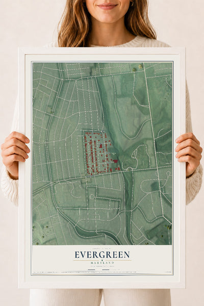 Map of Evergreen, Maryland, 18 x 24 inch print in a white wood frame