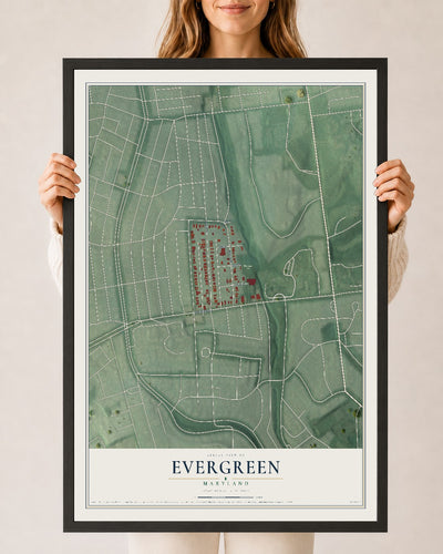 Map of Evergreen, Maryland, 24 x 36 inch print in a black wood frame