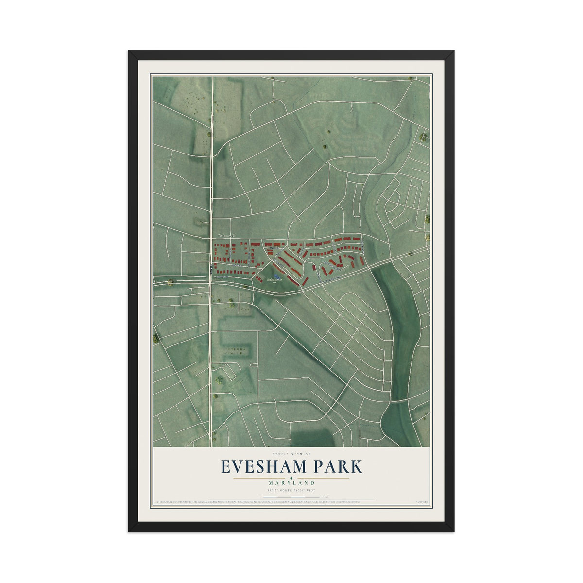 Map of Evesham Park, Maryland, 12 x 18 inch print in a black wood frame