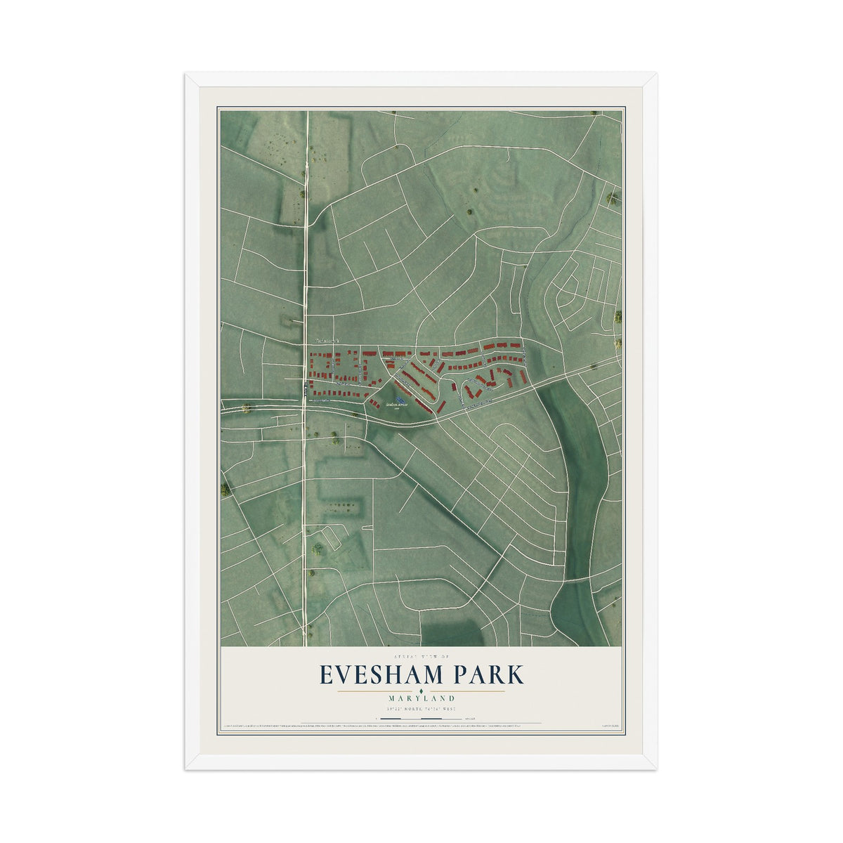 Map of Evesham Park, Maryland, 12 x 18 inch print in a white wood frame