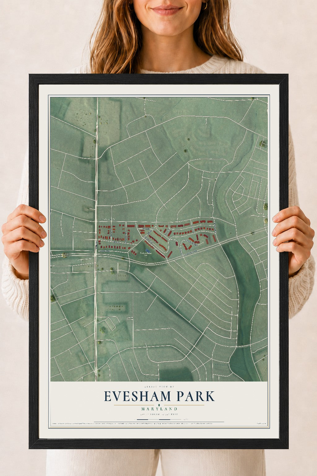 Map of Evesham Park, Maryland, 18 x 24 inch print in a black wood frame