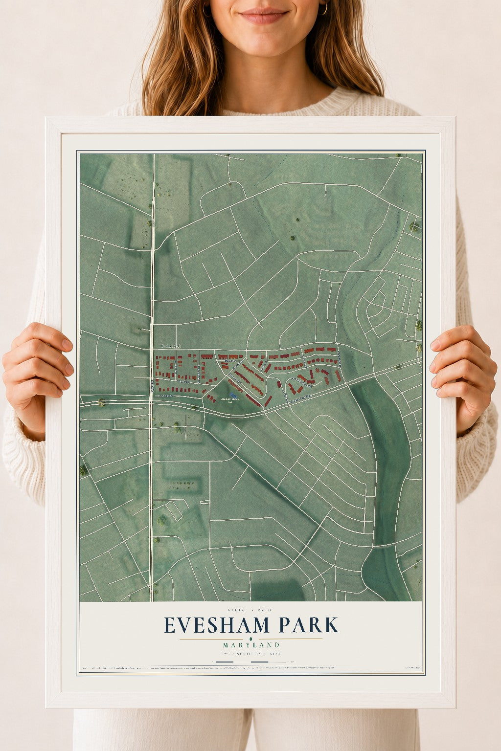 Map of Evesham Park, Maryland, 18 x 24 inch print in a white wood frame