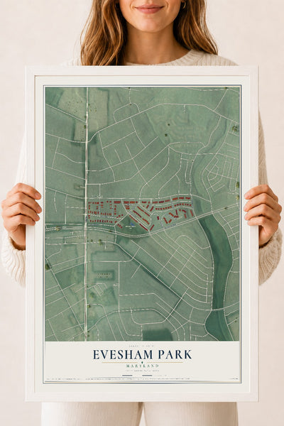 Map of Evesham Park, Maryland, 18 x 24 inch print in a white wood frame