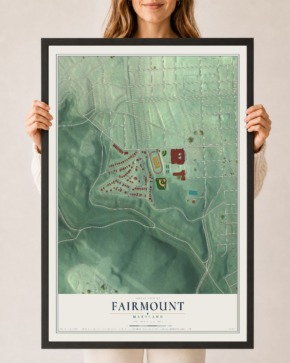 Map of Fairmount, Maryland, 24 x 36 inch print in a black wood frame