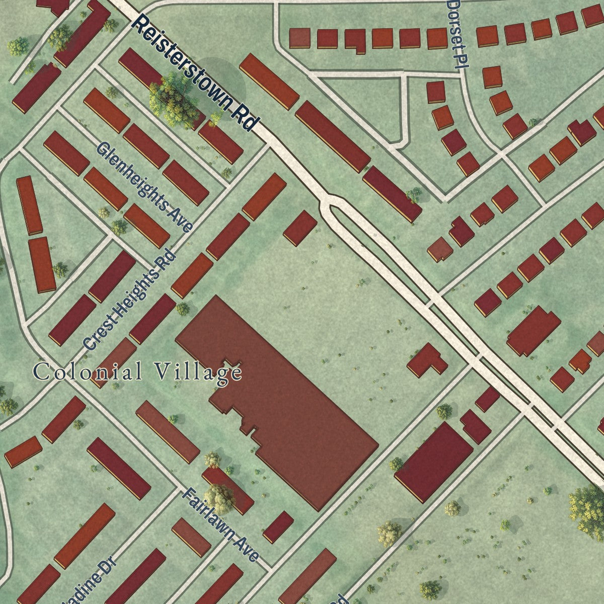 Close-up of the map of Fallstaff, Maryland print showing street and building detail