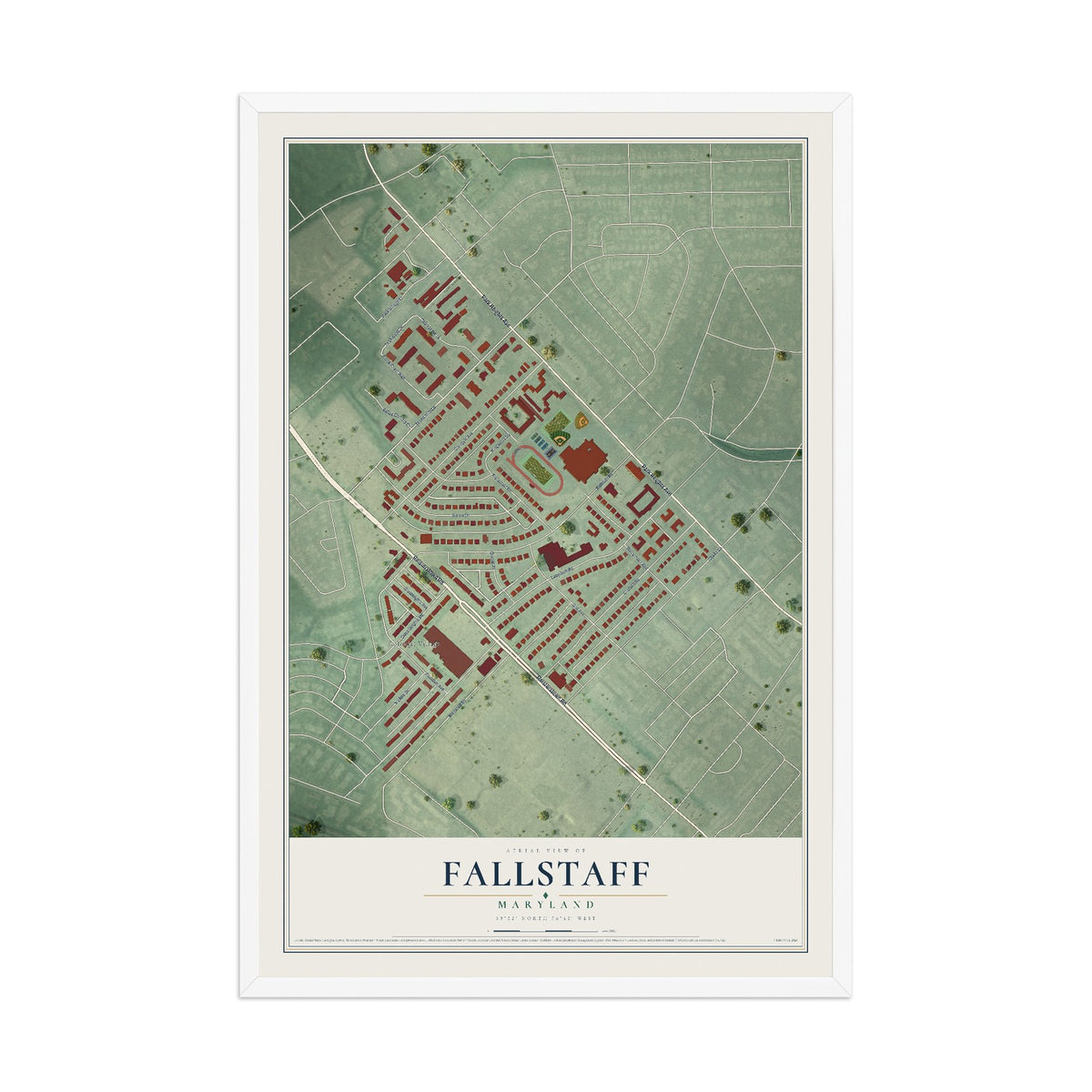 Map of Fallstaff, Maryland, 12 x 18 inch print in a white wood frame
