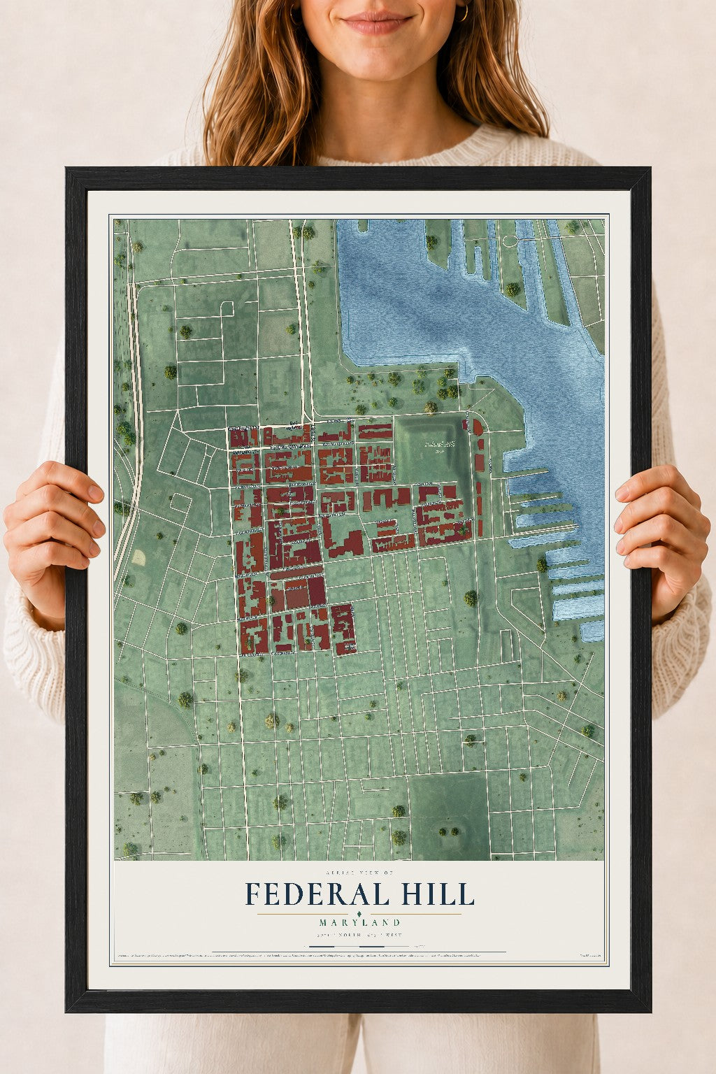Map of Federal Hill, Maryland, 18 x 24 inch print in a black wood frame
