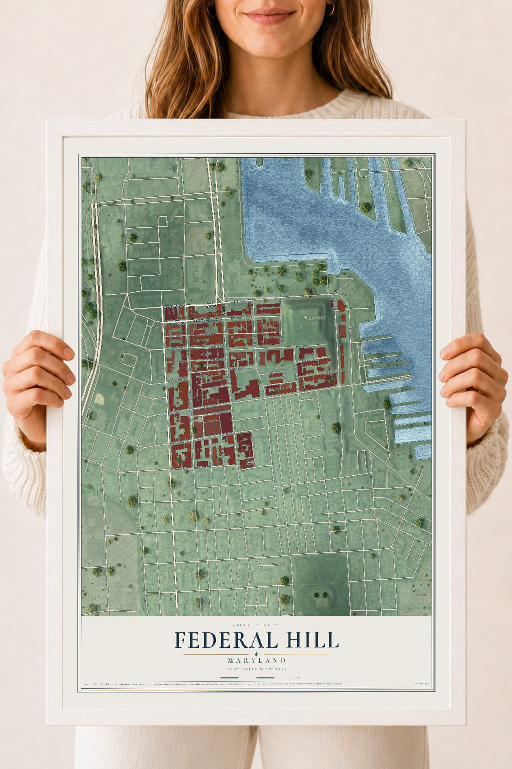 Map of Federal Hill, Maryland, 18 x 24 inch print in a white wood frame