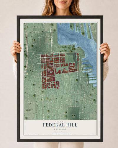 Map of Federal Hill, Maryland, 24 x 36 inch print in a black wood frame