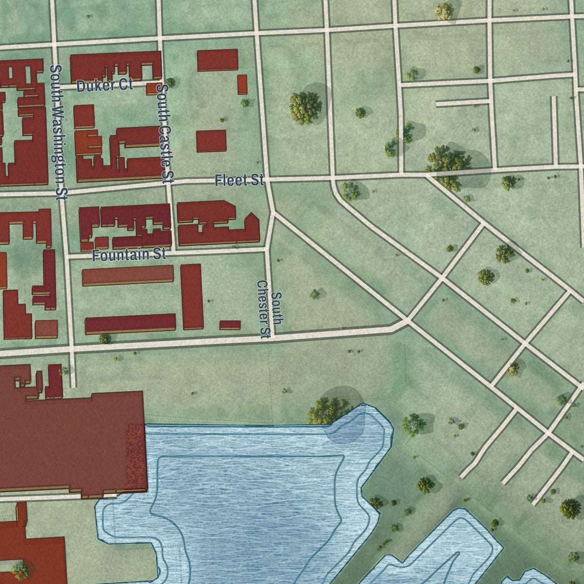 Second close-up of the map of Fells Point, Maryland print showing more streets and buildings