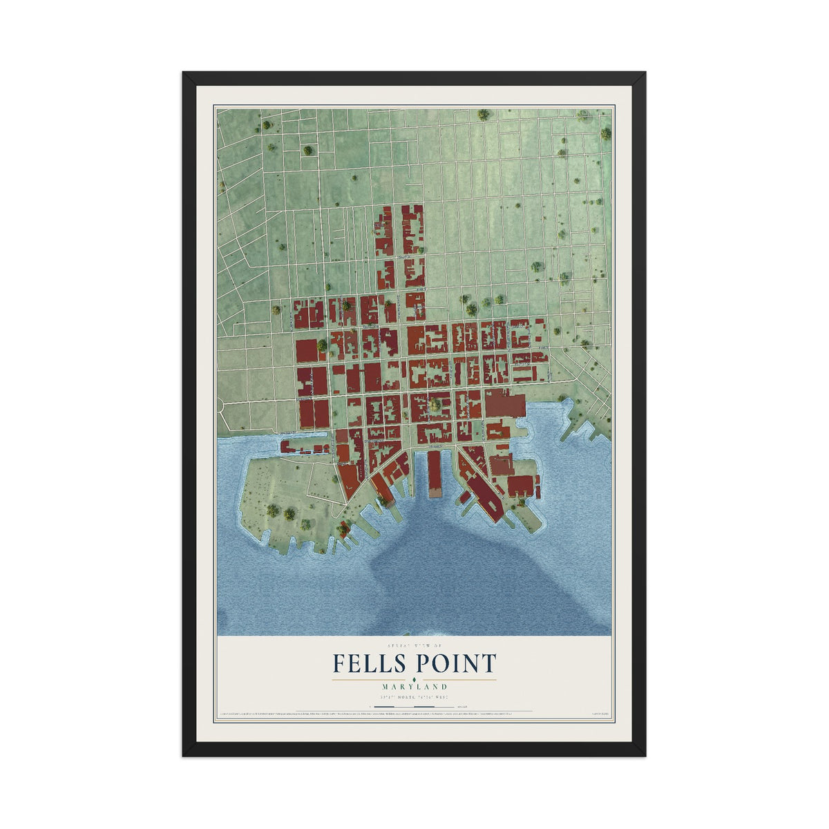 Map of Fells Point, Maryland, 12 x 18 inch print in a black wood frame