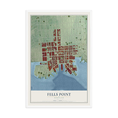 Map of Fells Point, Maryland, 12 x 18 inch print in a white wood frame