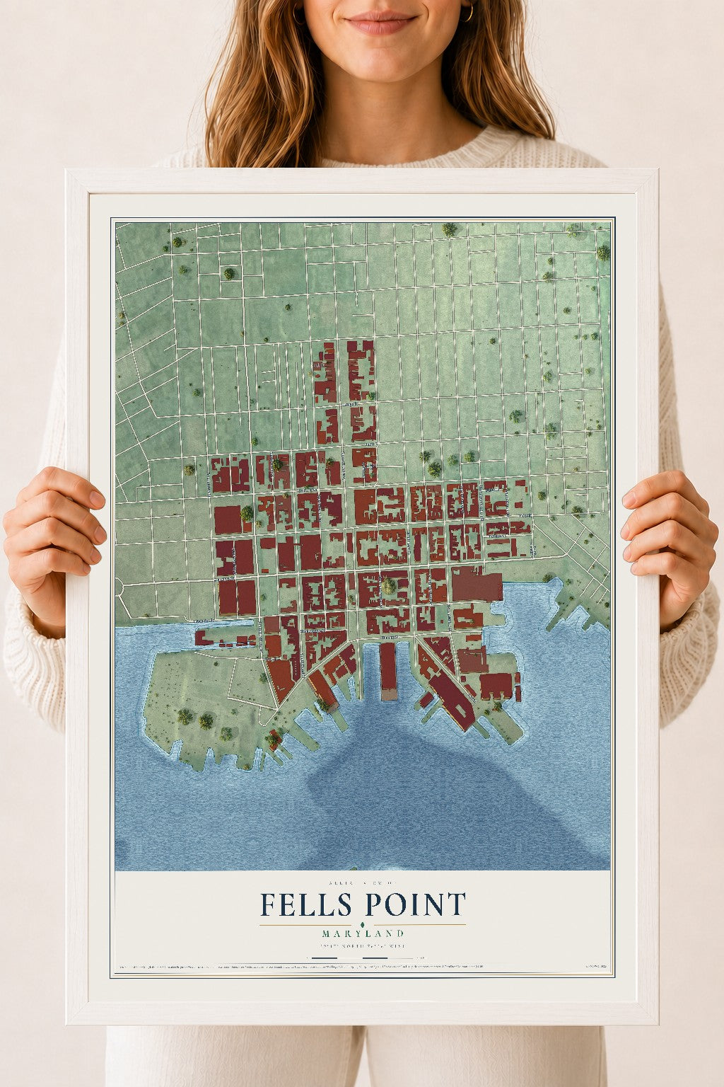 Map of Fells Point, Maryland, 18 x 24 inch print in a white wood frame