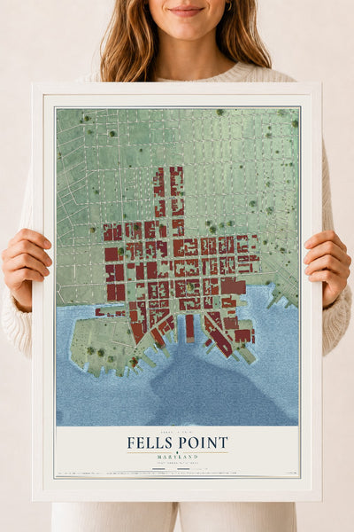 Map of Fells Point, Maryland, 18 x 24 inch print in a white wood frame