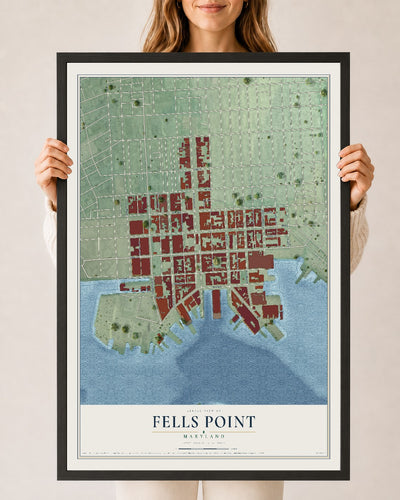 Map of Fells Point, Maryland, 24 x 36 inch print in a black wood frame