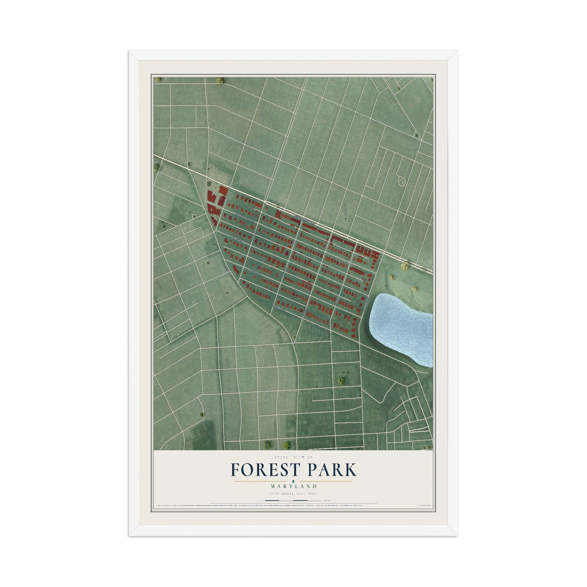 Map of Forest Park, Maryland, 12 x 18 inch print in a white wood frame